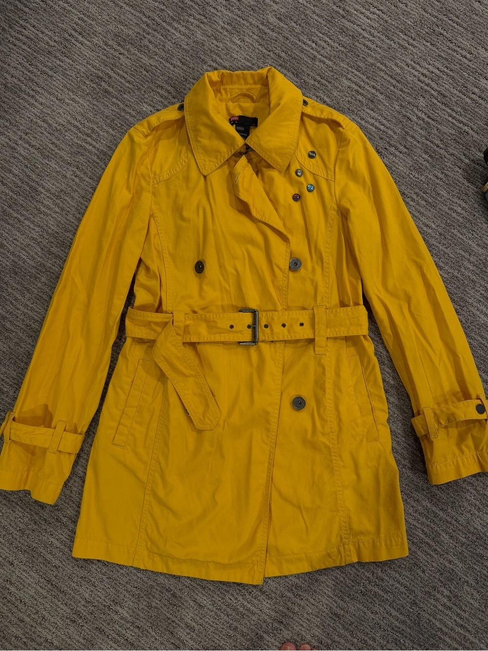 Diesel Yellow Trench Coat Rain Jacket Double Breasted Belted 100% Cotton Size M